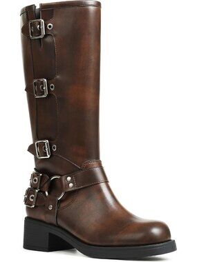 Womens Red Brown Pull On Wide Calf Riding Buckles Chunky Metallic Knee High Boot